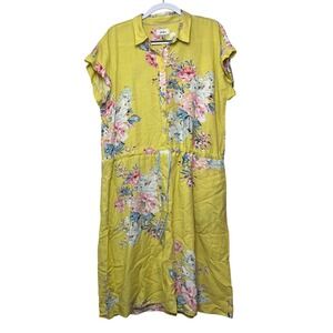 Joules Floral Print Linen Blend Drawstring Waist Midi‎ Shirt Dress UK 16 US 12